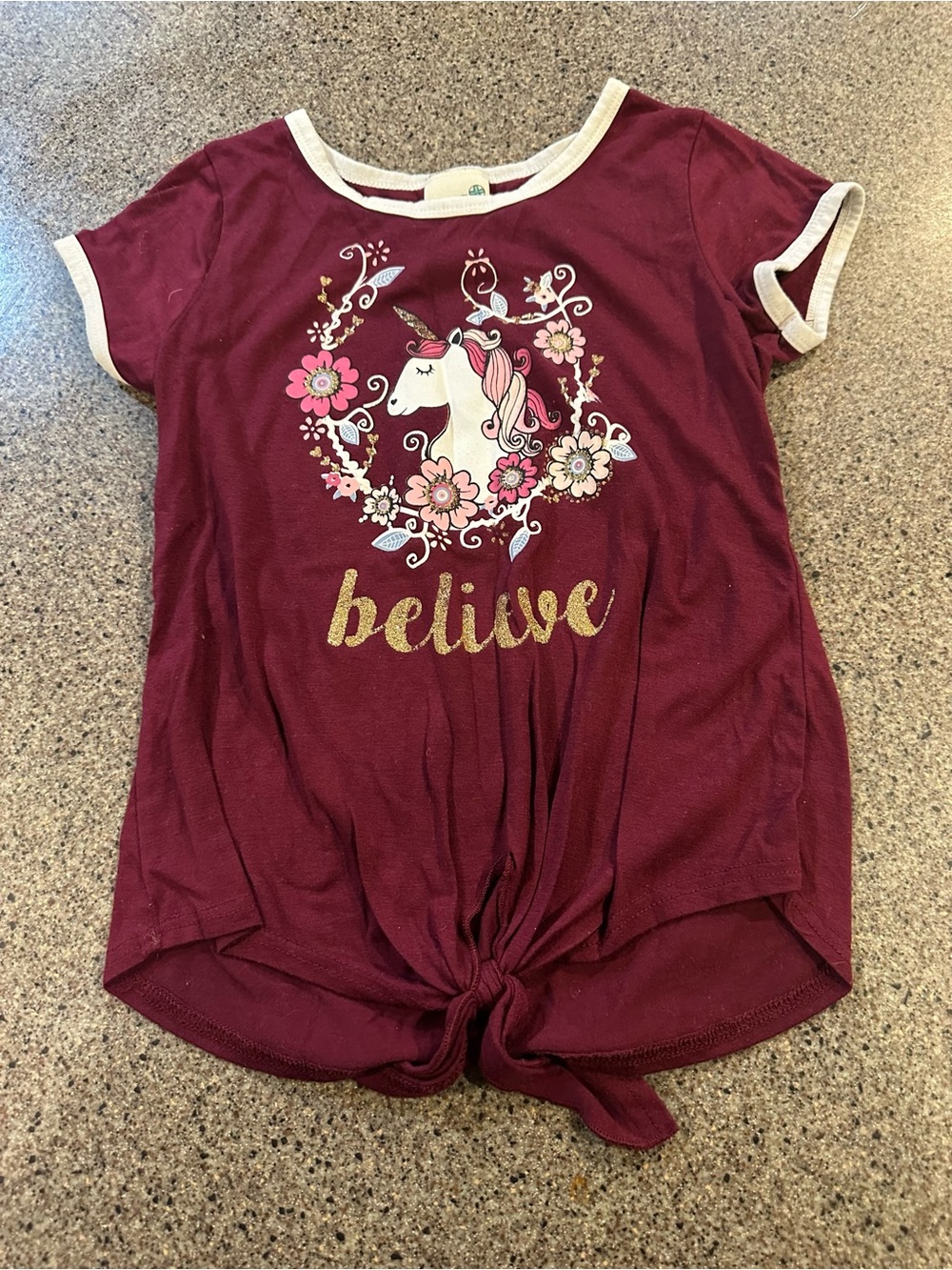 Girls' Burgundy 'Believe' Unicorn Knot-Front Tee
